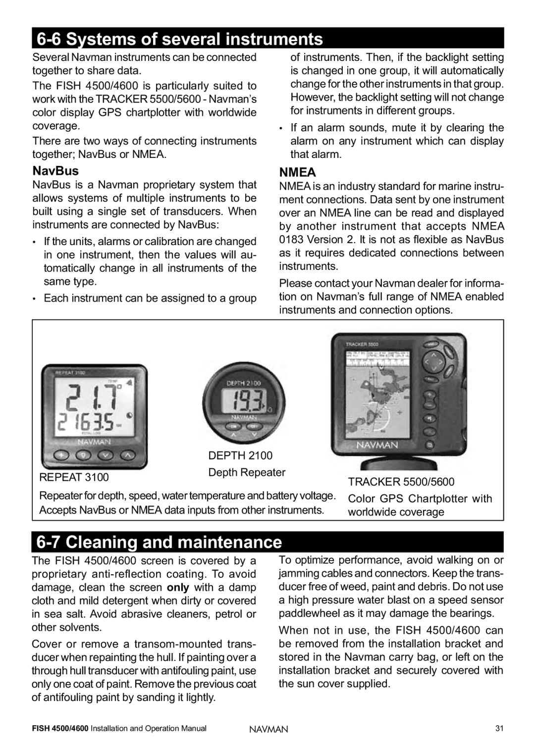 Navman FISH 4500/4600 operation manual Systems of several instruments, Cleaning and maintenance 