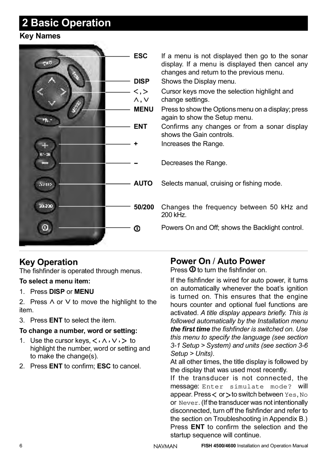 Navman FISH 4500/4600 operation manual Basic Operation, Key Operation, Power On / Auto Power, Key Names 