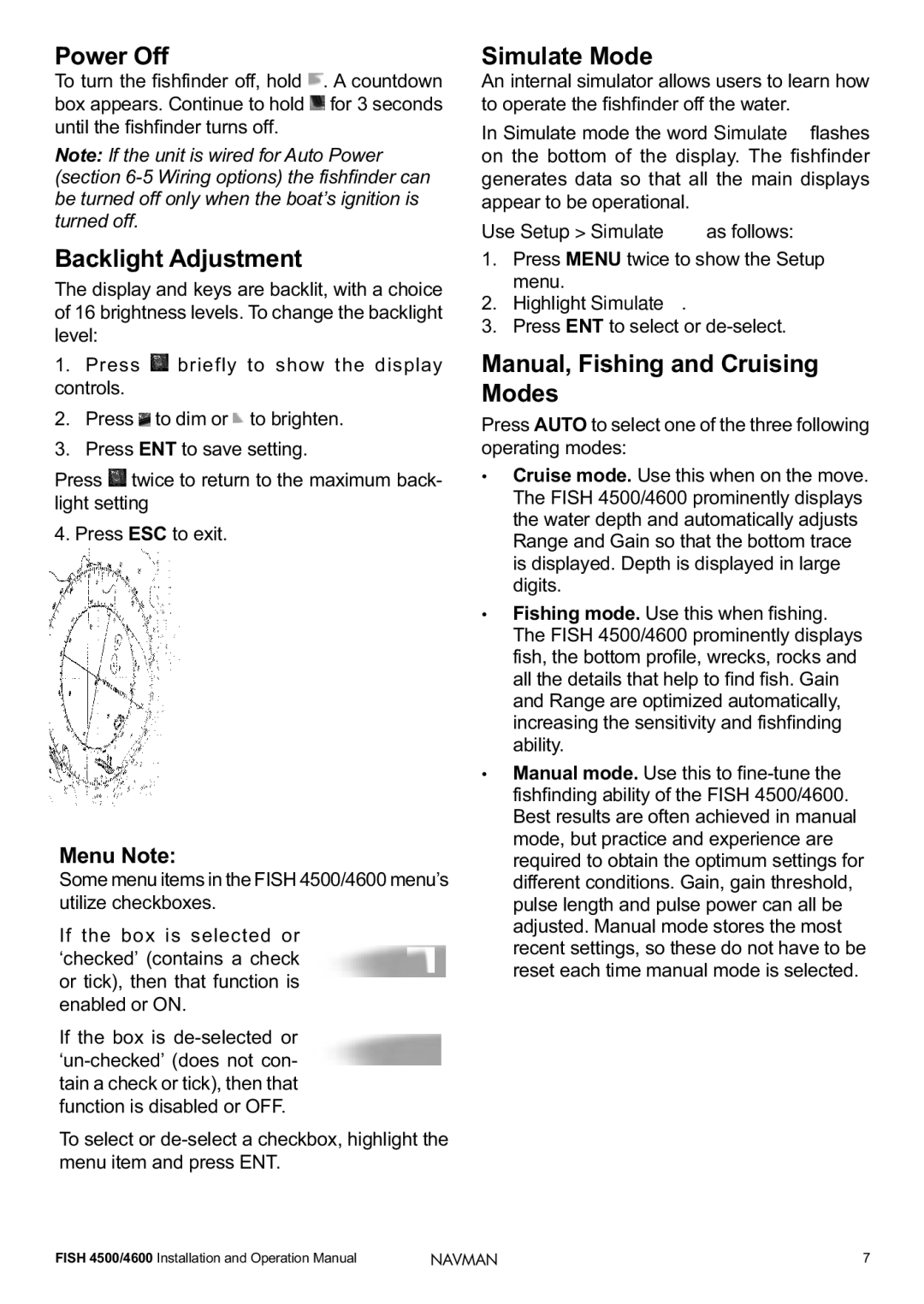 Navman FISH 4500/4600 Power Off, Backlight Adjustment, Simulate Mode, Manual, Fishing and Cruising Modes, Menu Note 