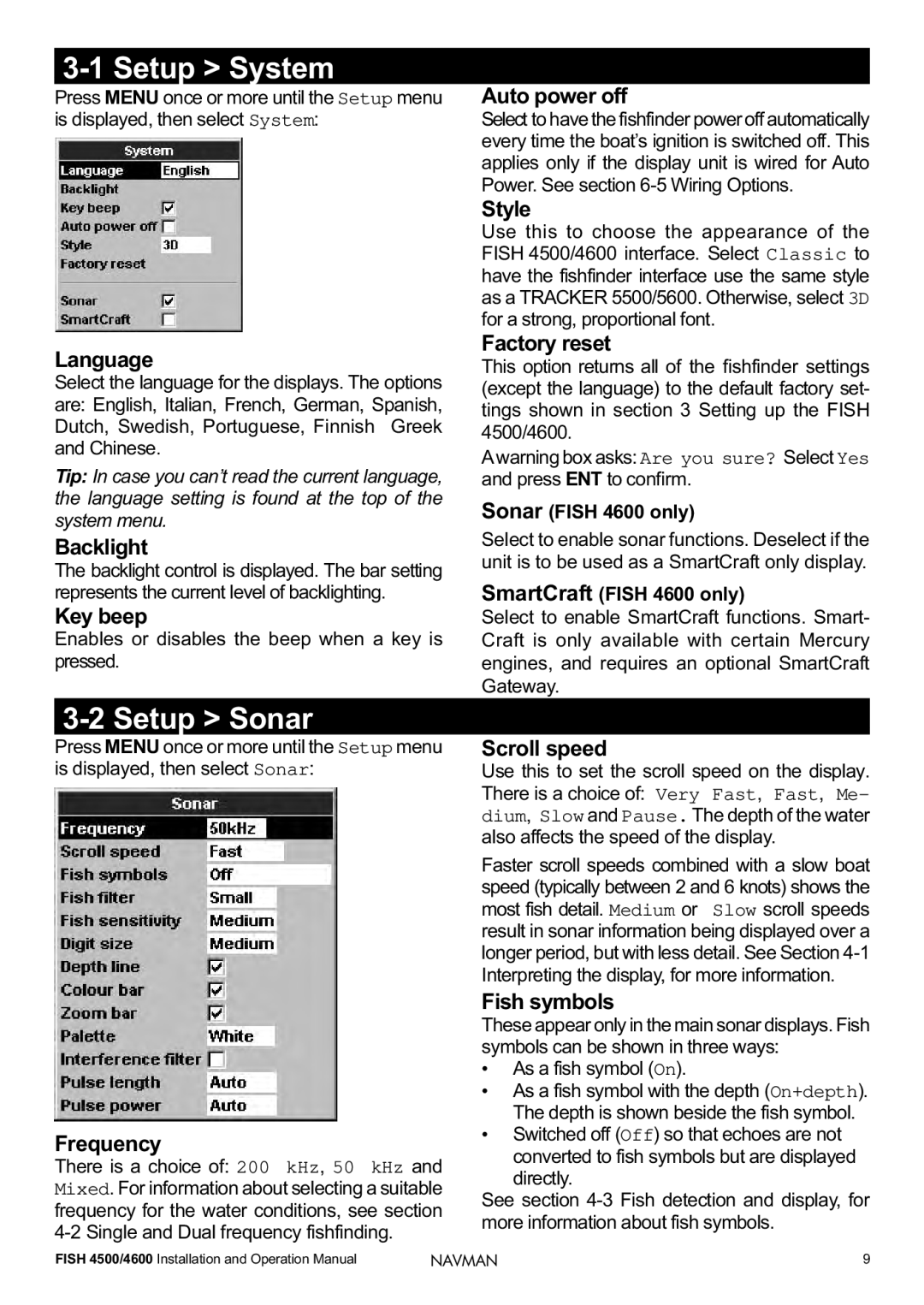 Navman FISH 4500/4600 operation manual Setup System, Setup Sonar 