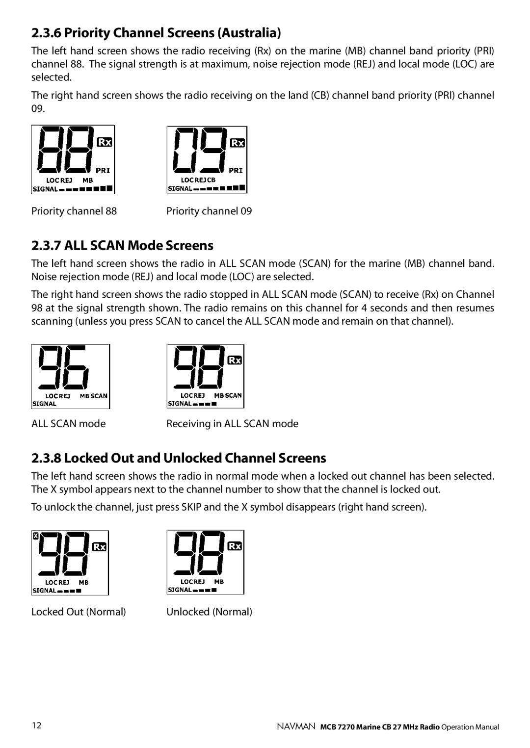 Navman MCB 7270 Priority Channel Screens Australia, ALL Scan Mode Screens, Locked Out and Unlocked Channel Screens 