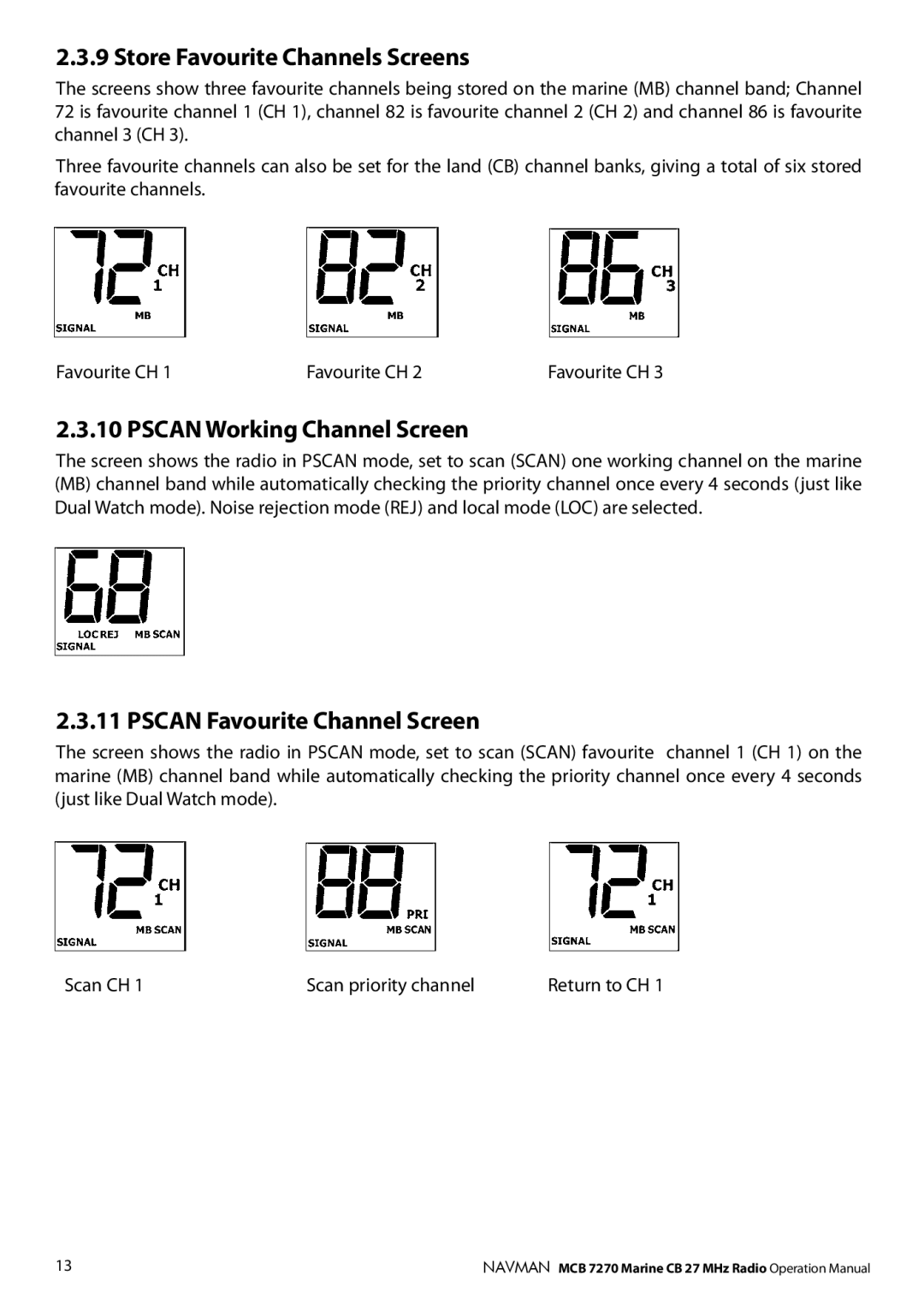 Navman MCB 7270 Store Favourite Channels Screens, Pscan Working Channel Screen, Pscan Favourite Channel Screen 