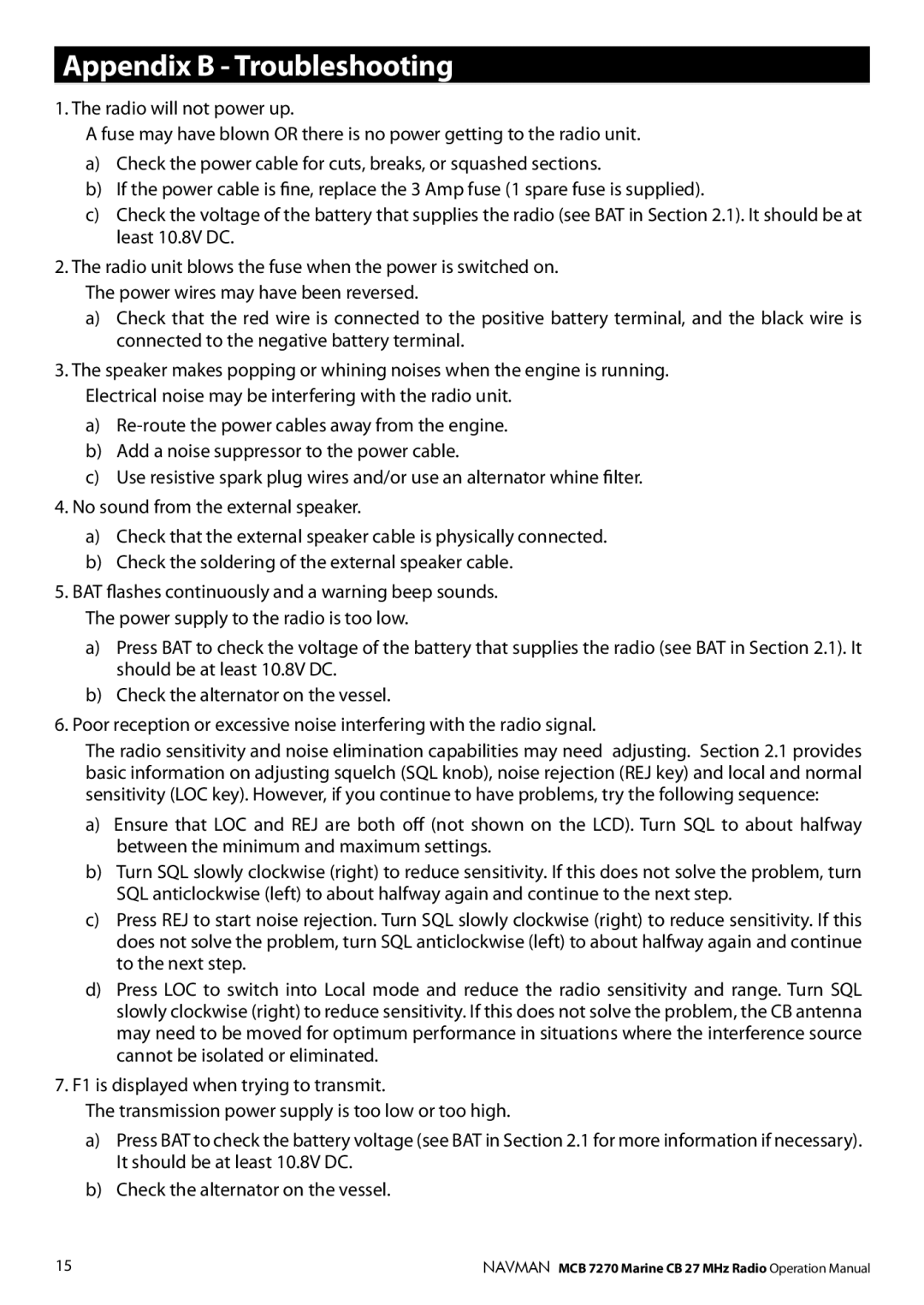 Navman MCB 7270 operation manual Appendix B Troubleshooting 