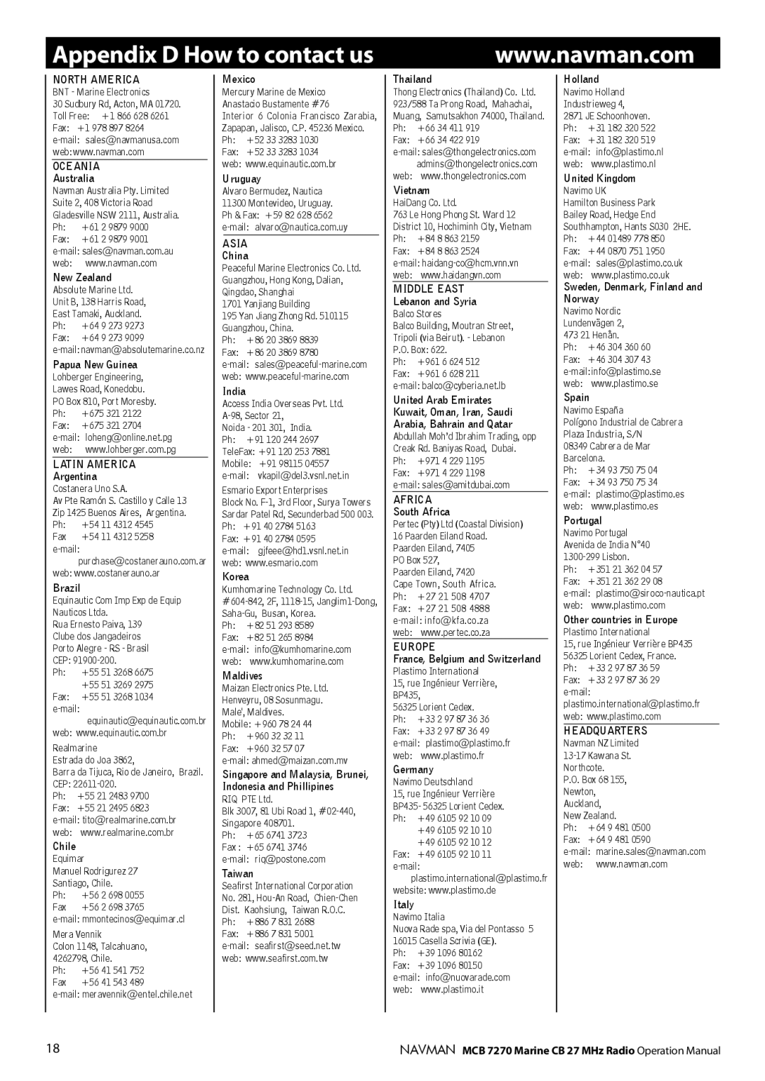 Navman MCB 7270 operation manual Appendix D How to contact us 