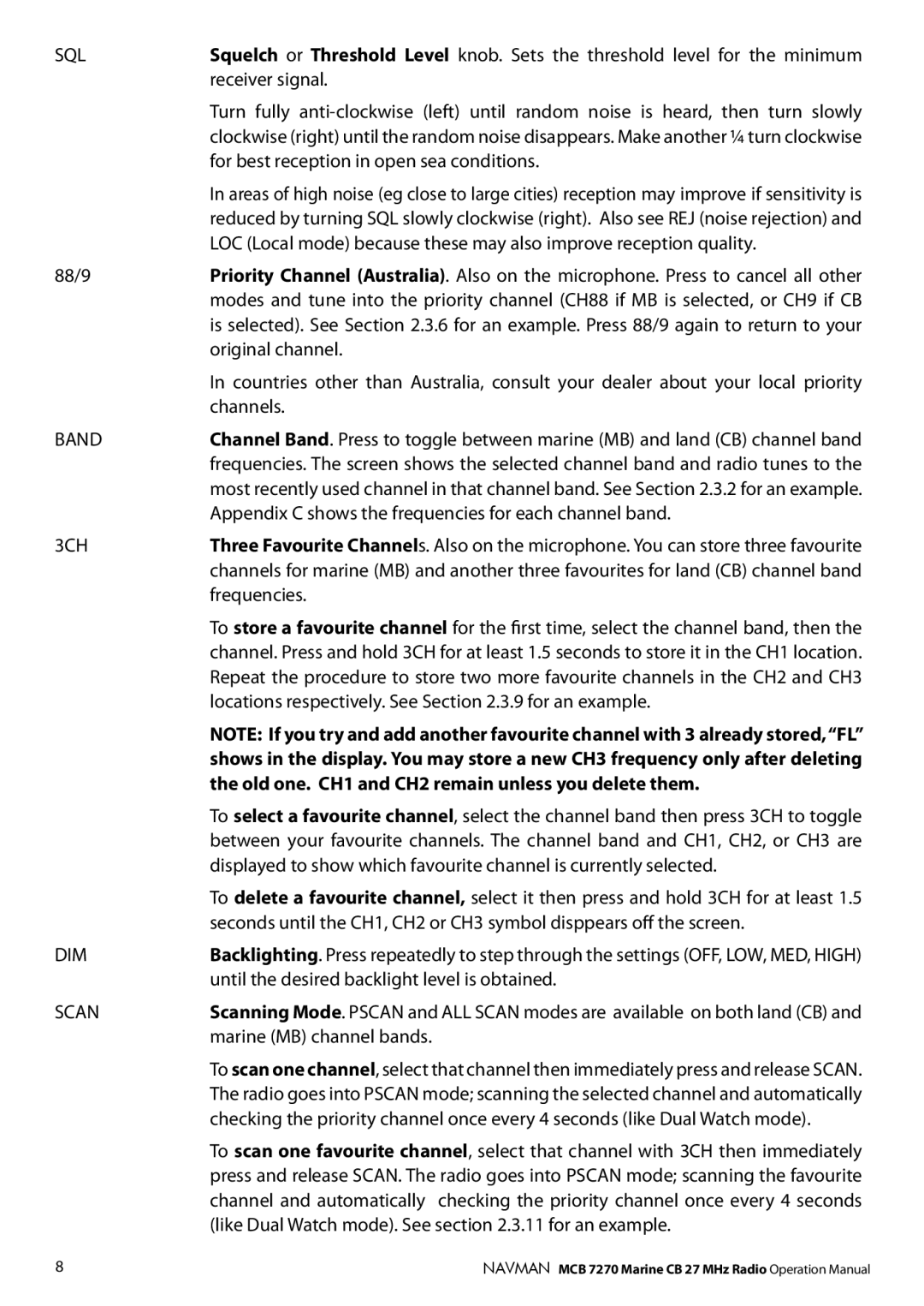 Navman MCB 7270 operation manual Sql, Band, 3CH, Dim 