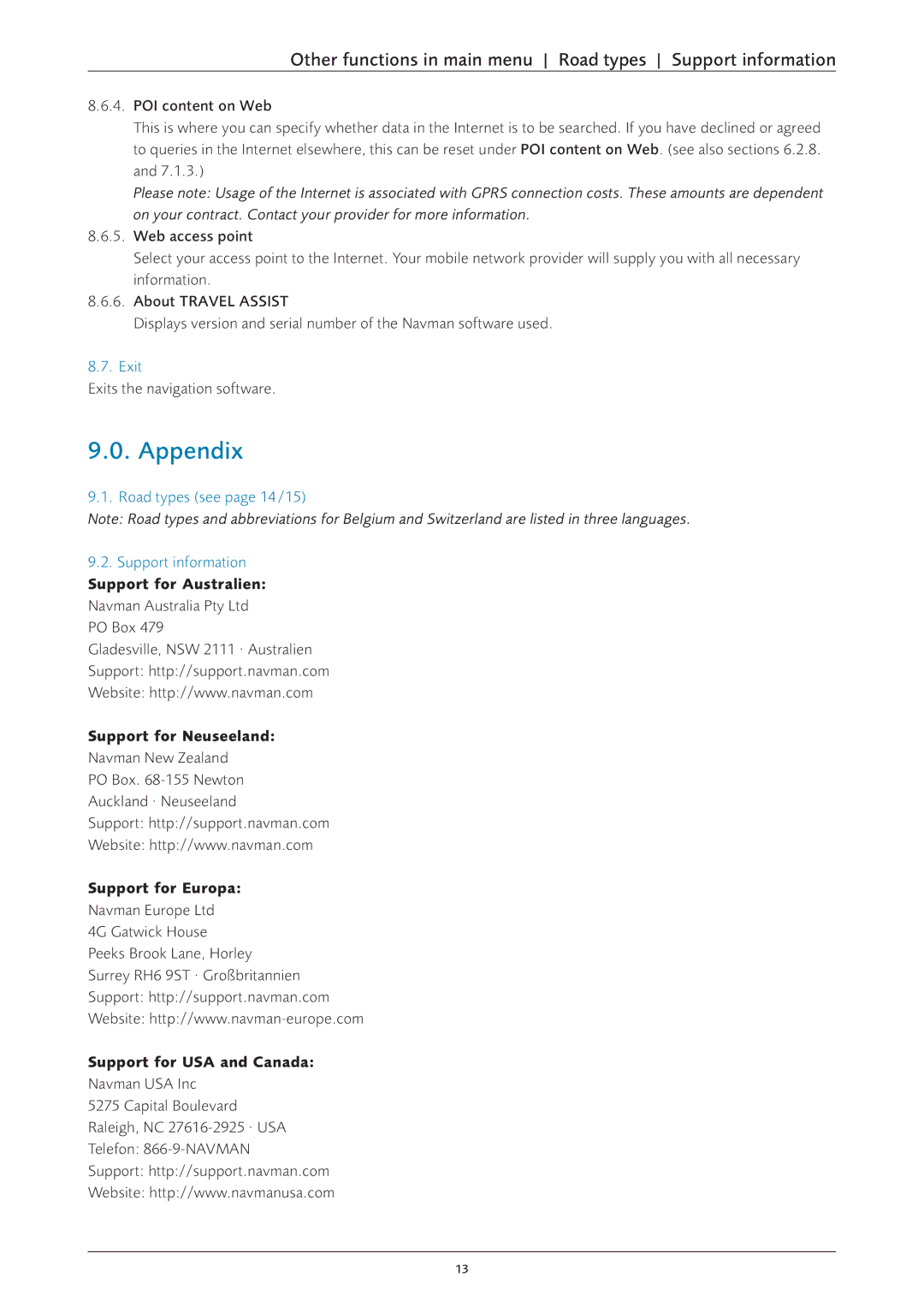 Navman S60 user manual Appendix, Other functions in main menu Road types Support information, Exit 