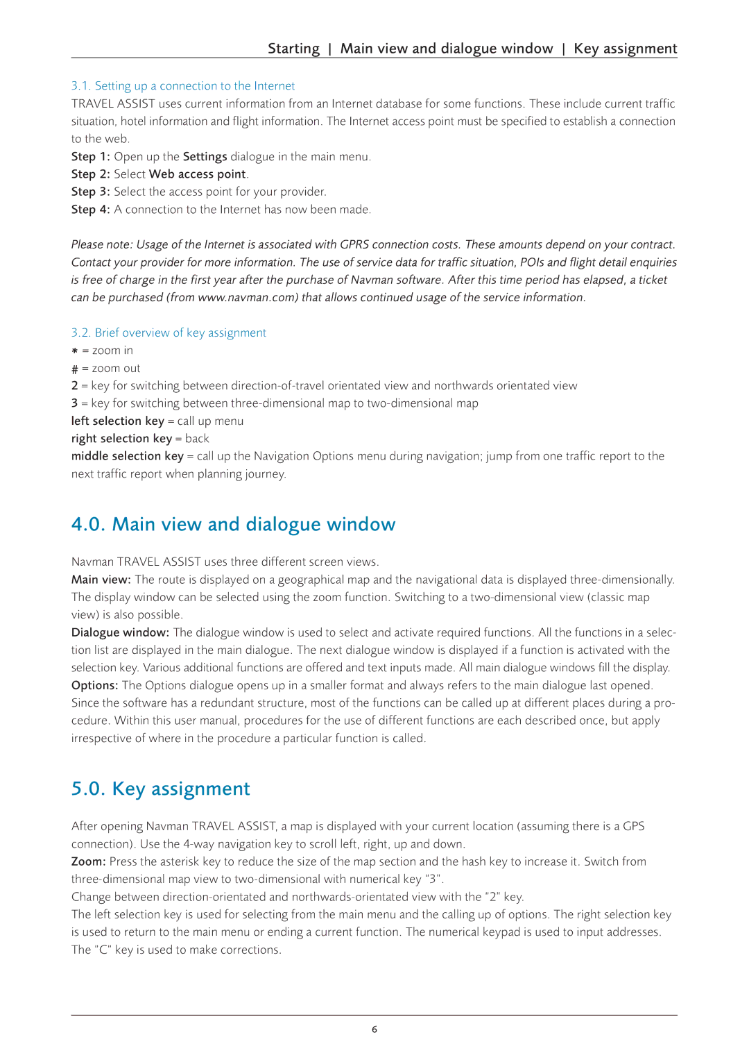 Navman S60 Starting Main view and dialogue window Key assignment, Setting up a connection to the Internet 