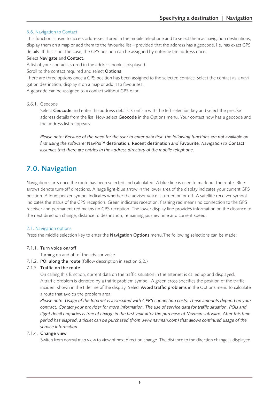 Navman S60 user manual Specifying a destination Navigation, Navigation to Contact, Navigation options 