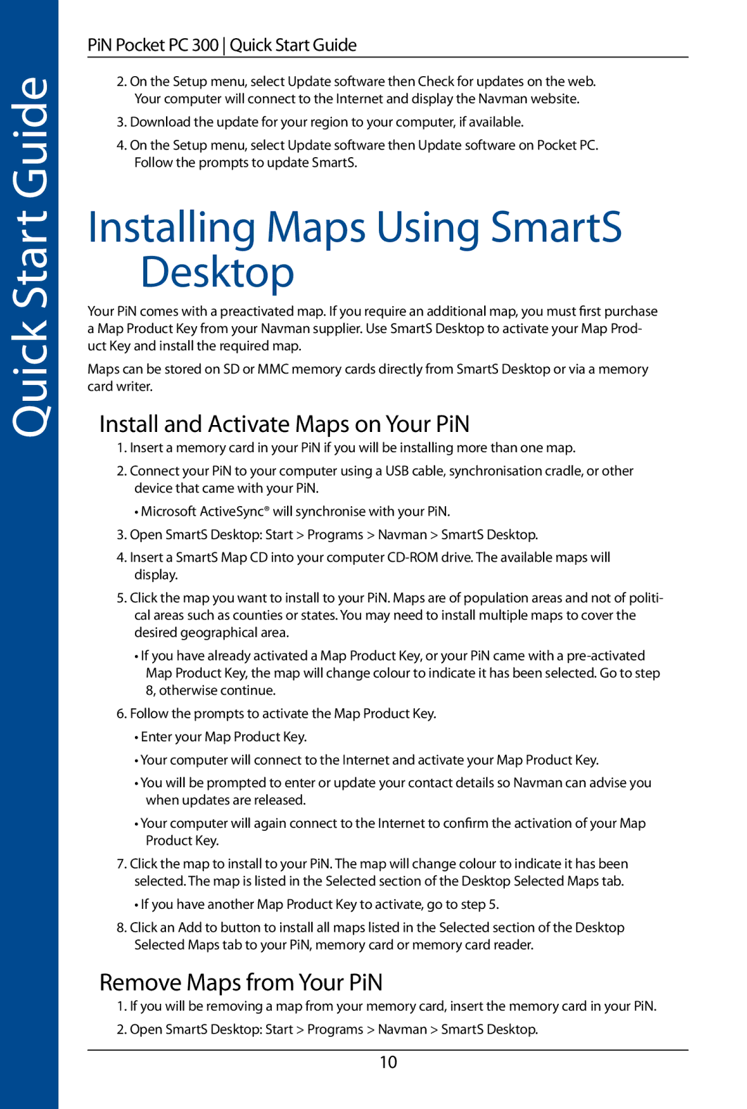 Navman SmartS TM Installing Maps Using SmartS Desktop, Install and Activate Maps on Your PiN, Remove Maps from Your PiN 