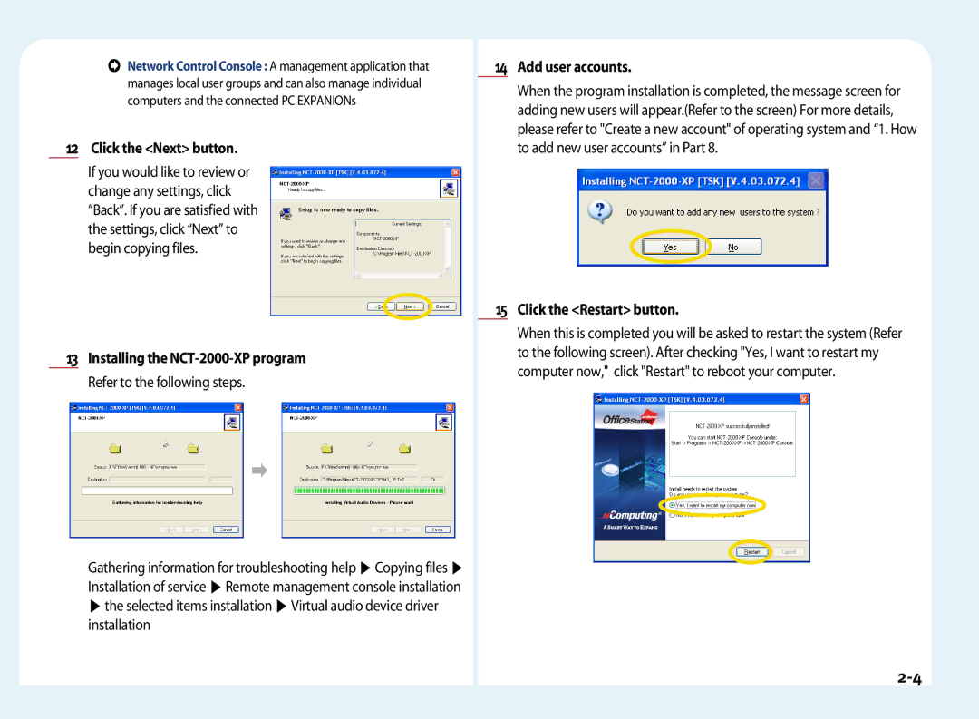 NComputing L120, L200, L100 manual Add user accounts, Click the Restart button 