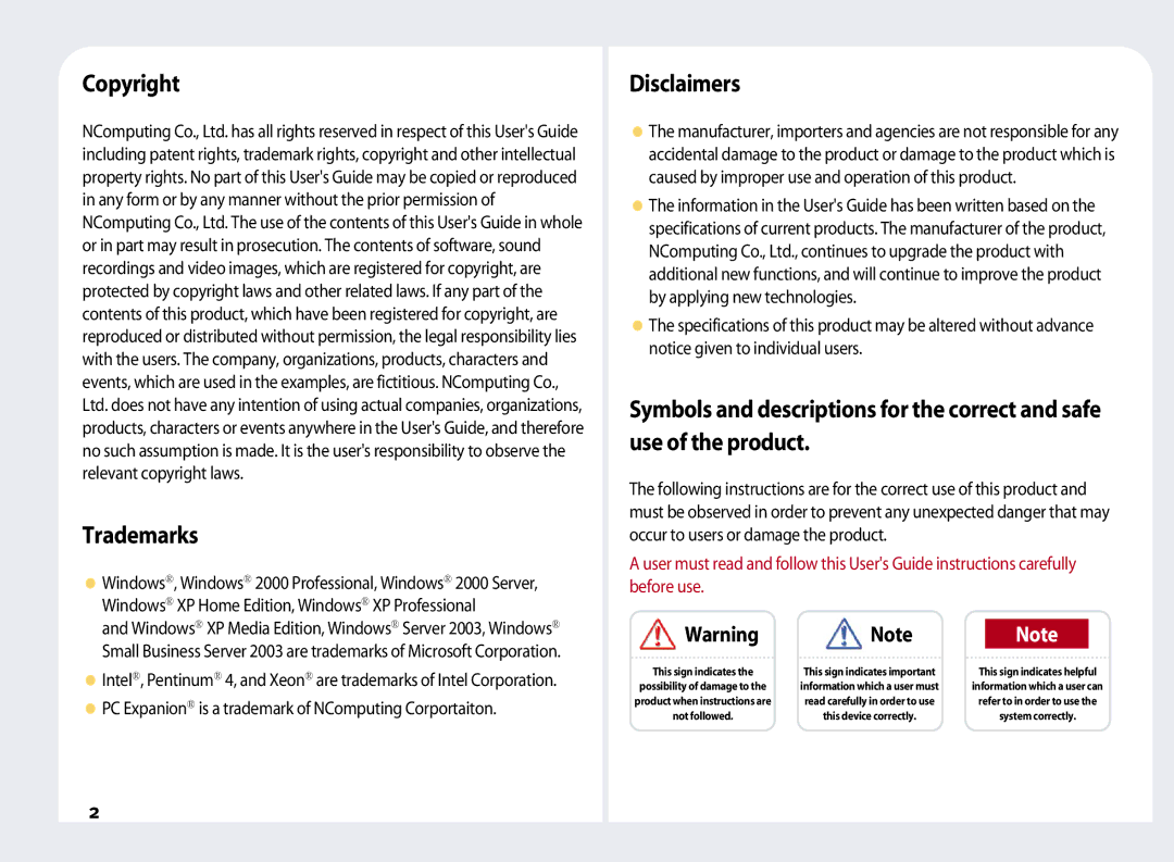 NComputing L200, L120, L100 manual Copyright Trademarks, Disclaimers, PC Expanion is a trademark of NComputing Corportaiton 