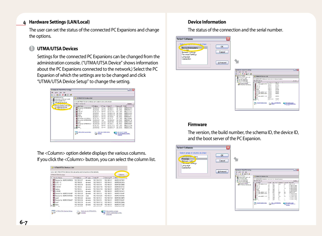 NComputing L100, L200, L120 manual Hardware Settings LAN/Local, UTMA/UTSA Devices, Device Information, Firmware 