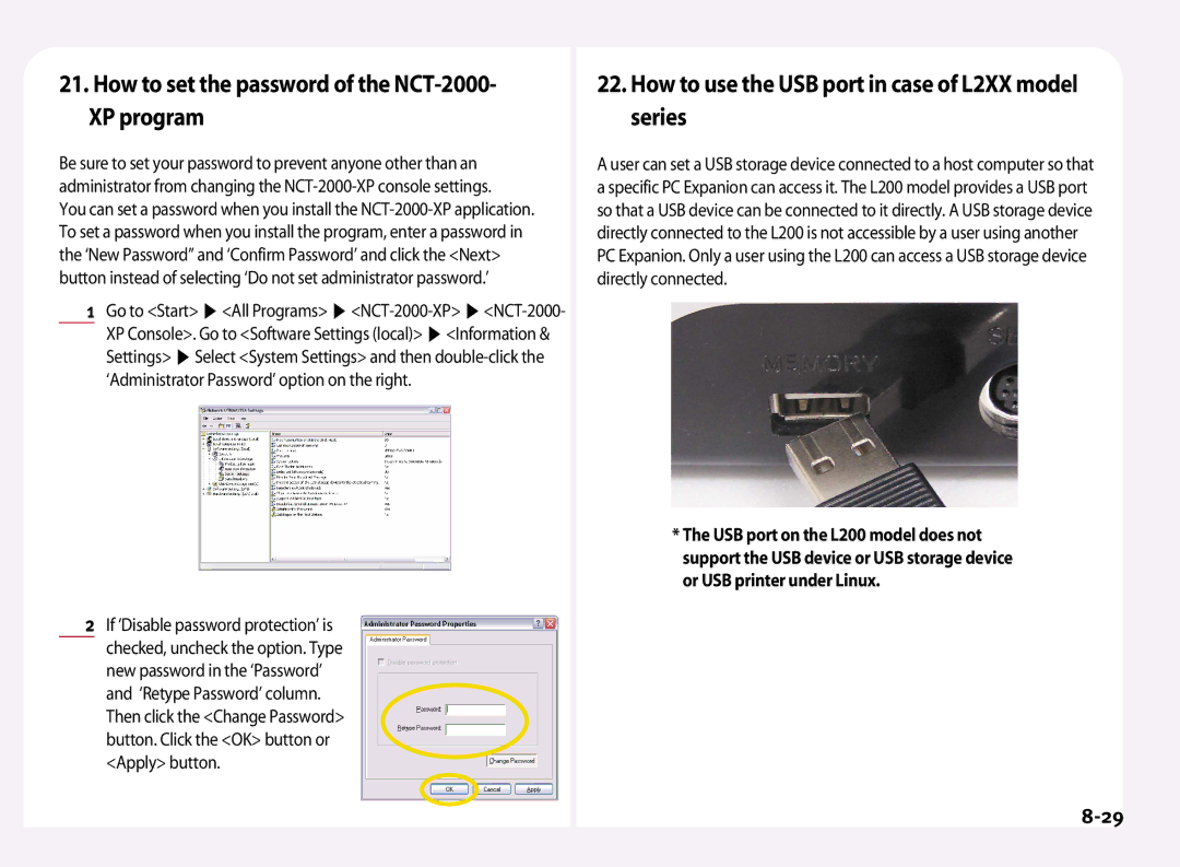 NComputing L120 How to set the password of the NCT-2000- XP program, How to use the USB port in case of L2XX model series 