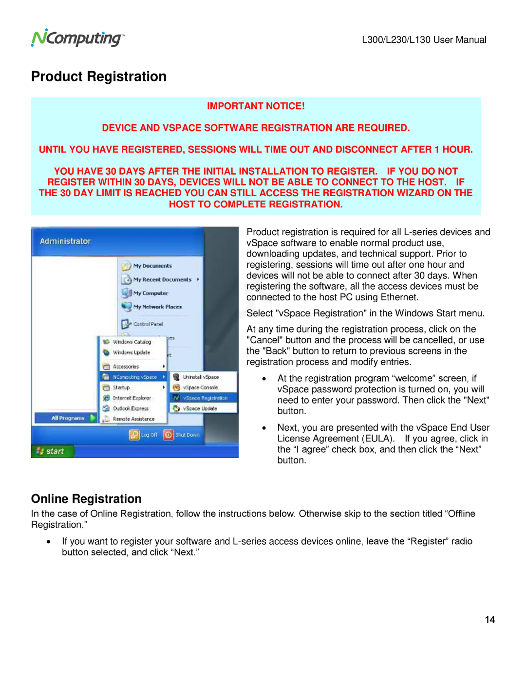 NComputing L300, L230, L130 user manual Product Registration, Online Registration 