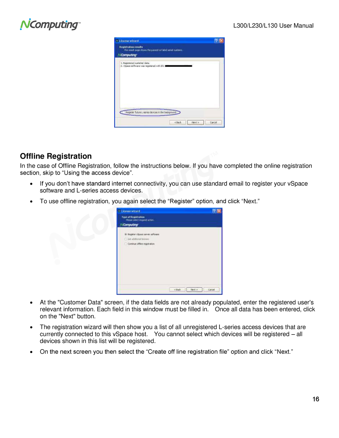 NComputing L130, L230, L300 user manual Offline Registration 