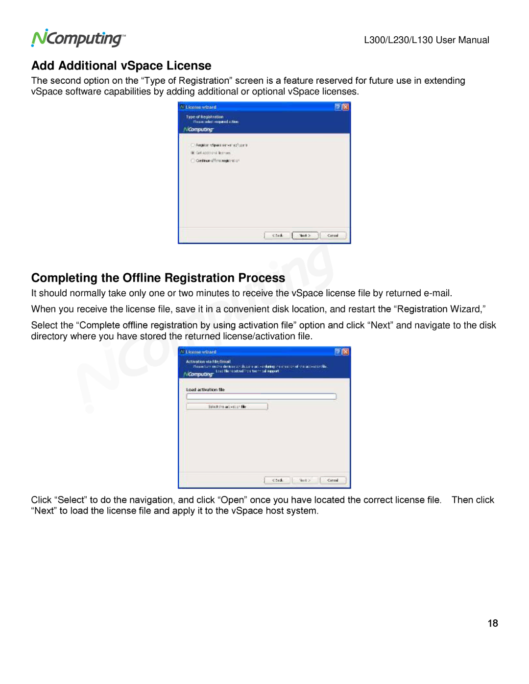 NComputing L230, L130, L300 user manual Add Additional vSpace License, Completing the Offline Registration Process 