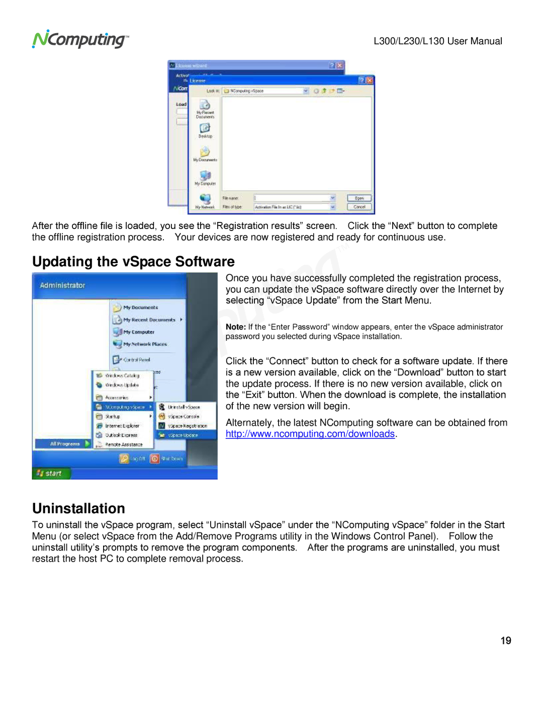 NComputing L130, L230, L300 user manual Updating the vSpace Software, Uninstallation 