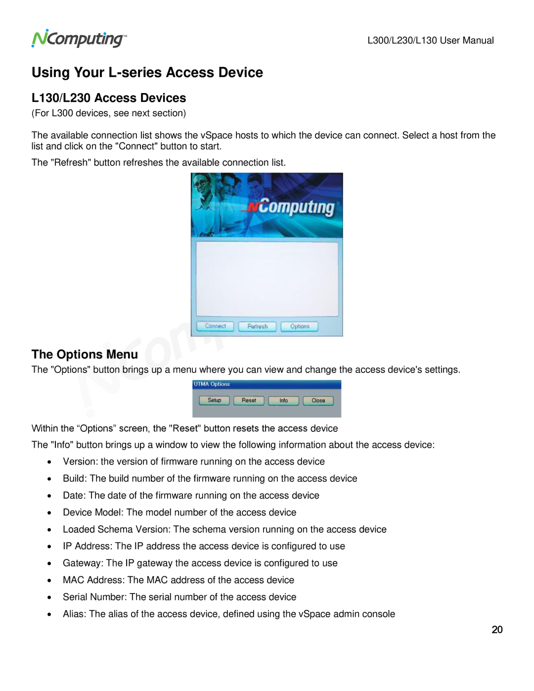 NComputing L300 user manual Using Your L-series Access Device, L130/L230 Access Devices, Options Menu 