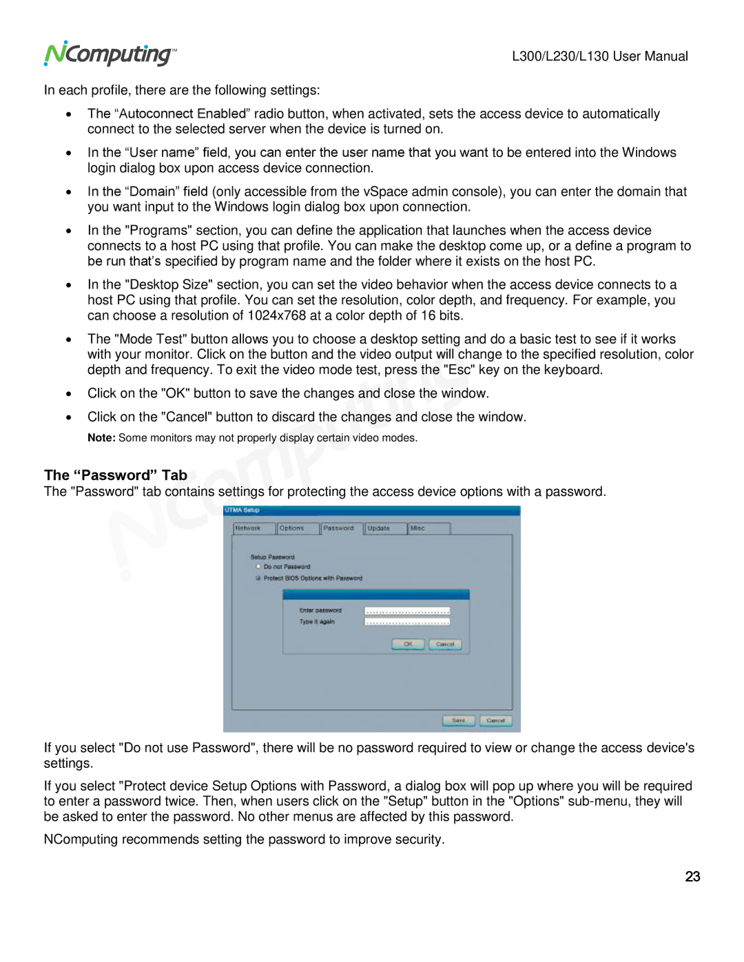 NComputing L300, L230, L130 user manual Password Tab 