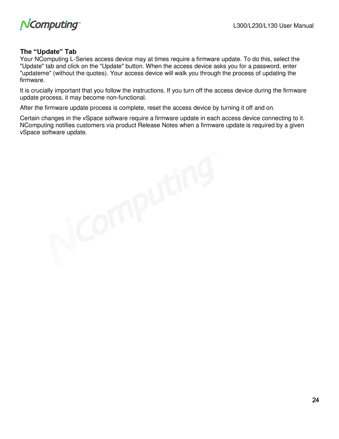 NComputing L230, L130, L300 user manual Update Tab 