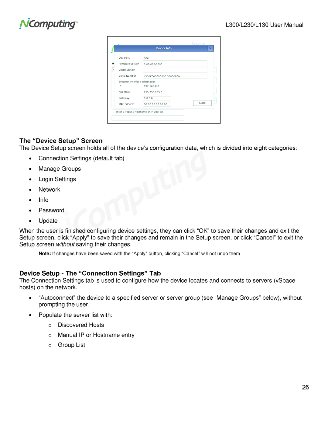 NComputing L300, L230, L130 user manual Device Setup Screen, Device Setup The Connection Settings Tab 