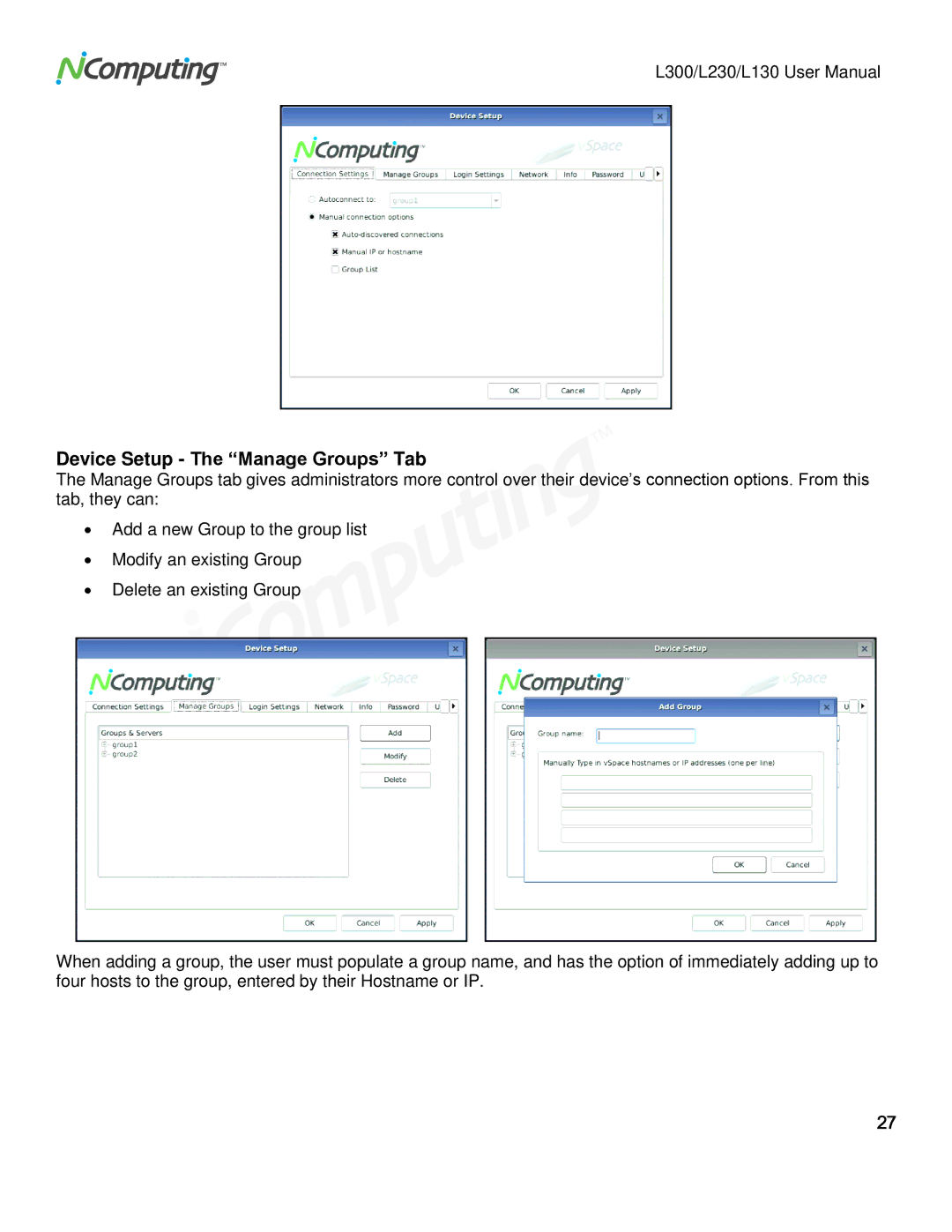 NComputing L230, L130, L300 user manual Device Setup The Manage Groups Tab 