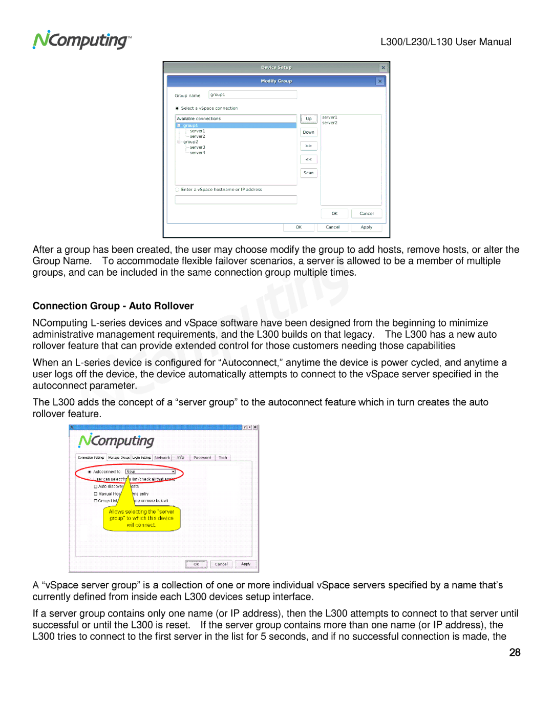 NComputing L130, L230, L300 user manual Connection Group Auto Rollover 