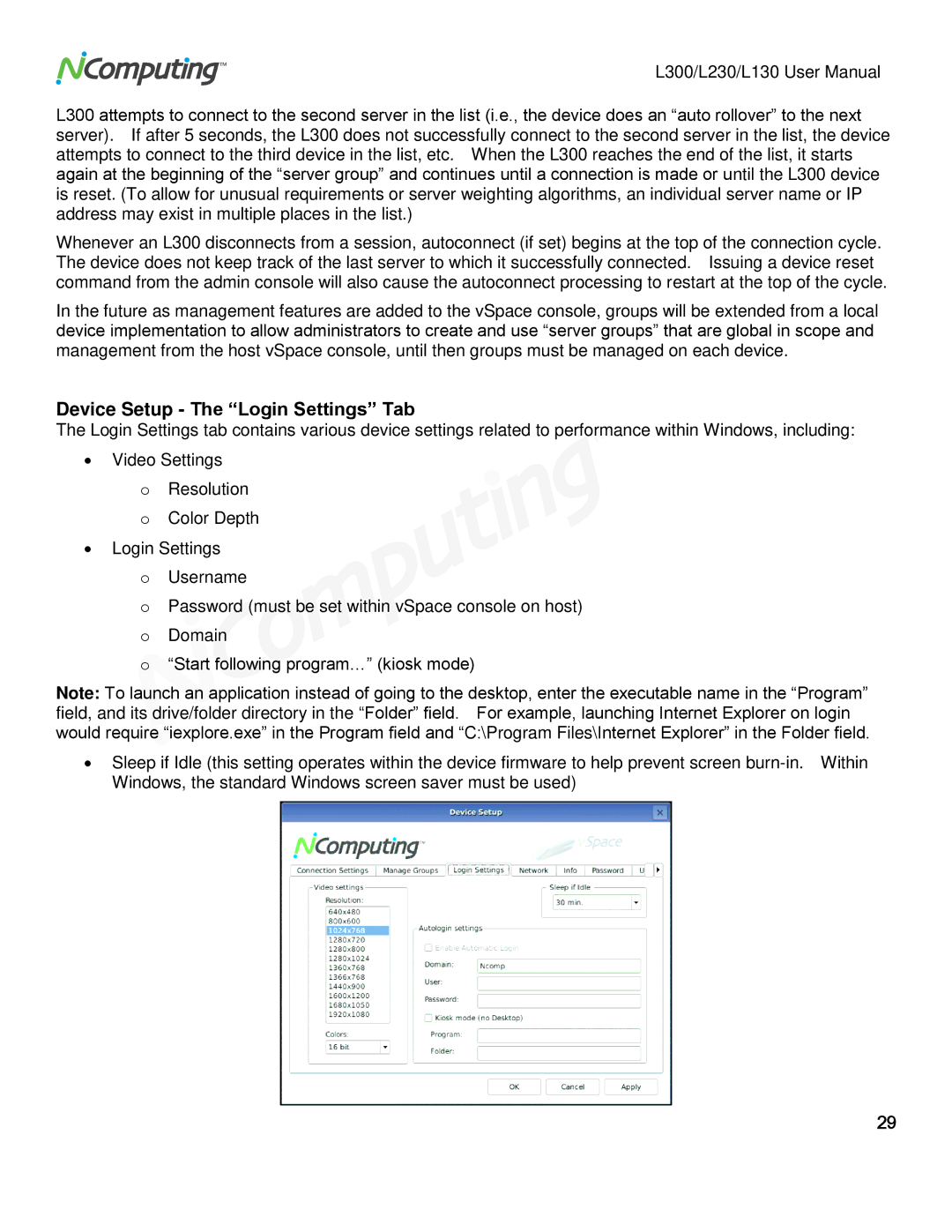 NComputing L300, L230, L130 user manual Device Setup The Login Settings Tab 