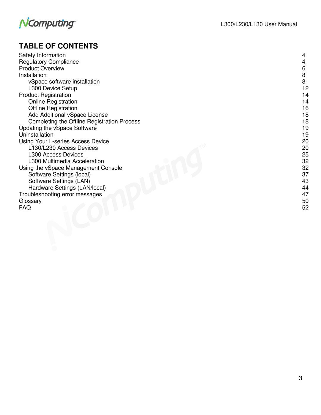 NComputing L230, L130, L300 user manual Table of Contents 