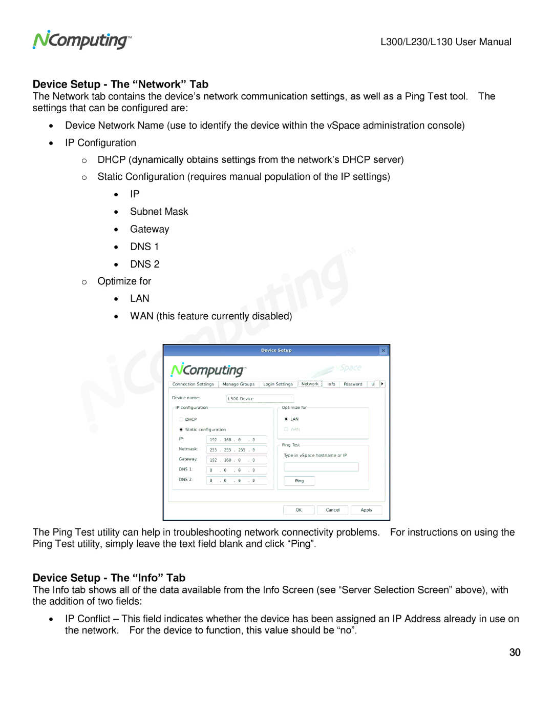 NComputing L230, L130, L300 user manual Device Setup The Network Tab, Device Setup The Info Tab 