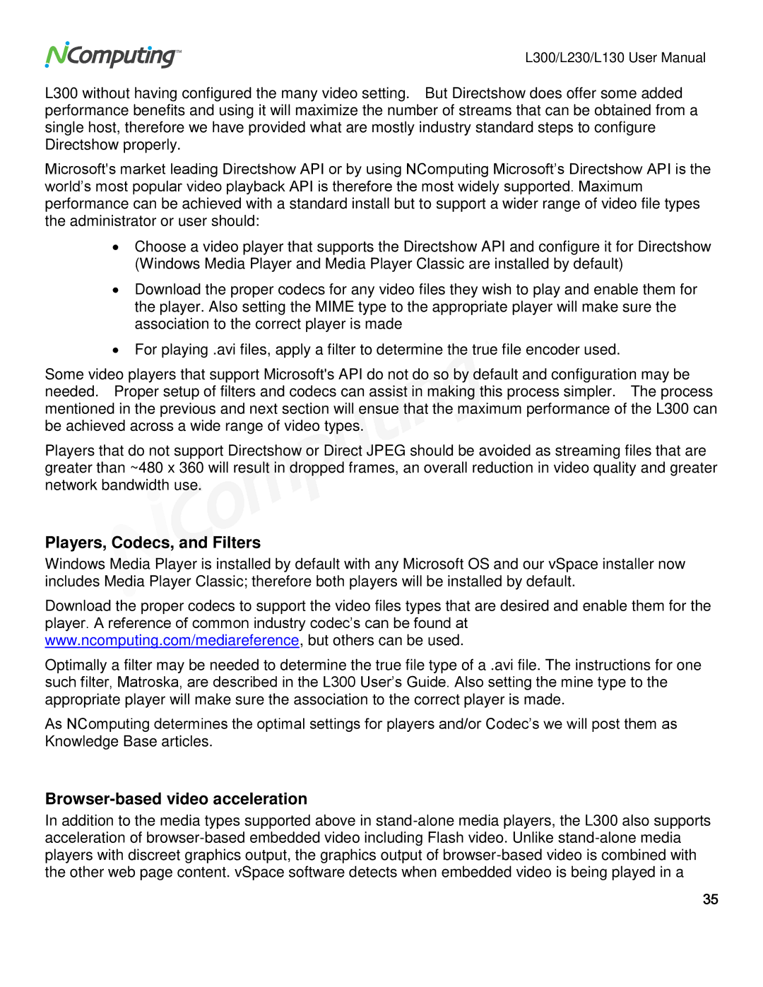 NComputing L300, L230, L130 user manual Players, Codecs, and Filters 