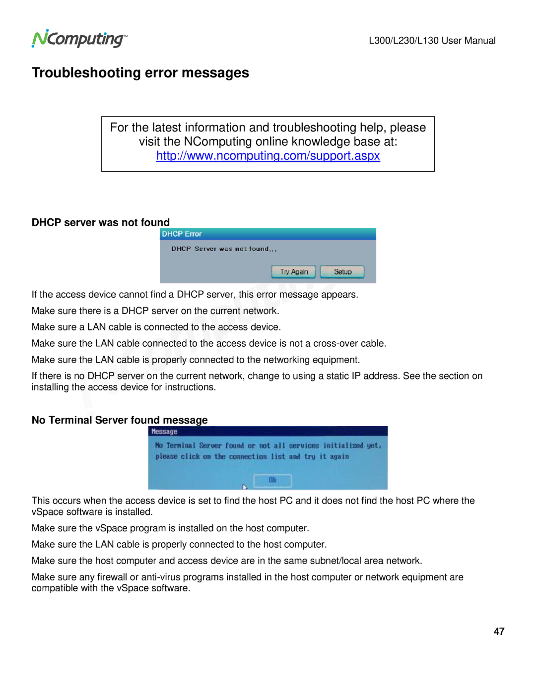 NComputing L300, L230, L130 Troubleshooting error messages, Dhcp server was not found, No Terminal Server found message 