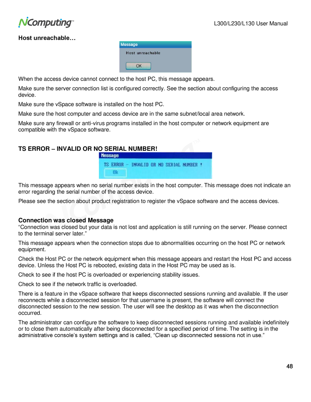 NComputing L230, L130, L300 user manual Host unreachable…, Connection was closed Message 