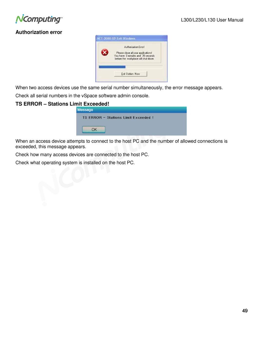 NComputing L130, L230, L300 user manual Authorization error, TS Error Stations Limit Exceeded 