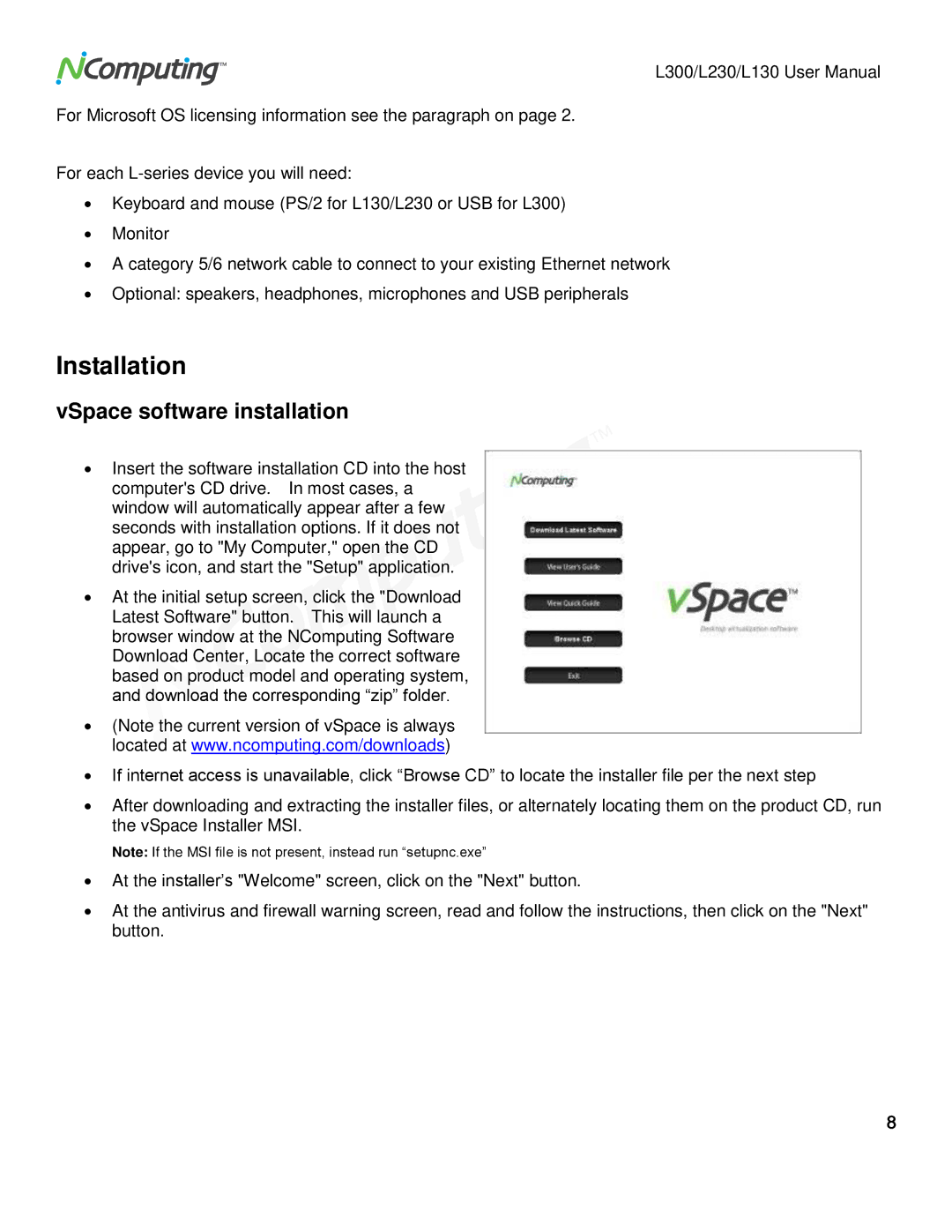 NComputing L300, L230, L130 user manual Installation, VSpace software installation 