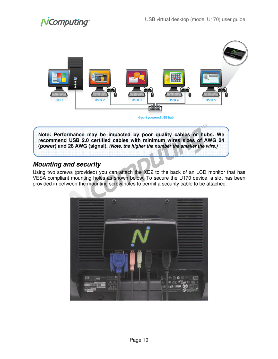 NComputing U170 manual Mounting and security 