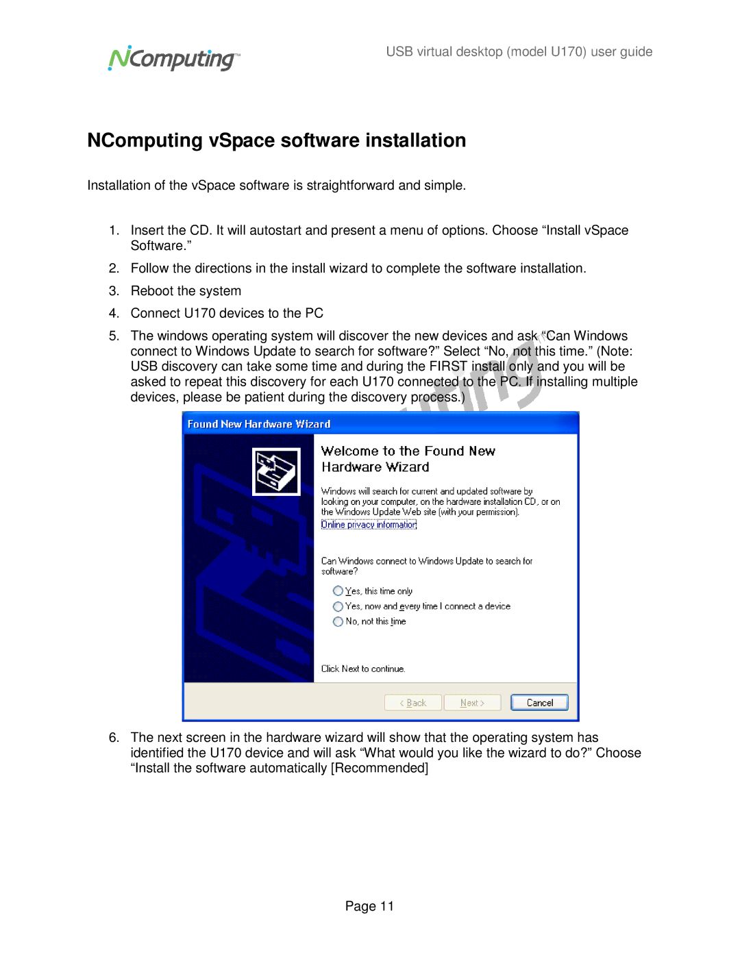 NComputing U170 manual NComputing vSpace software installation 