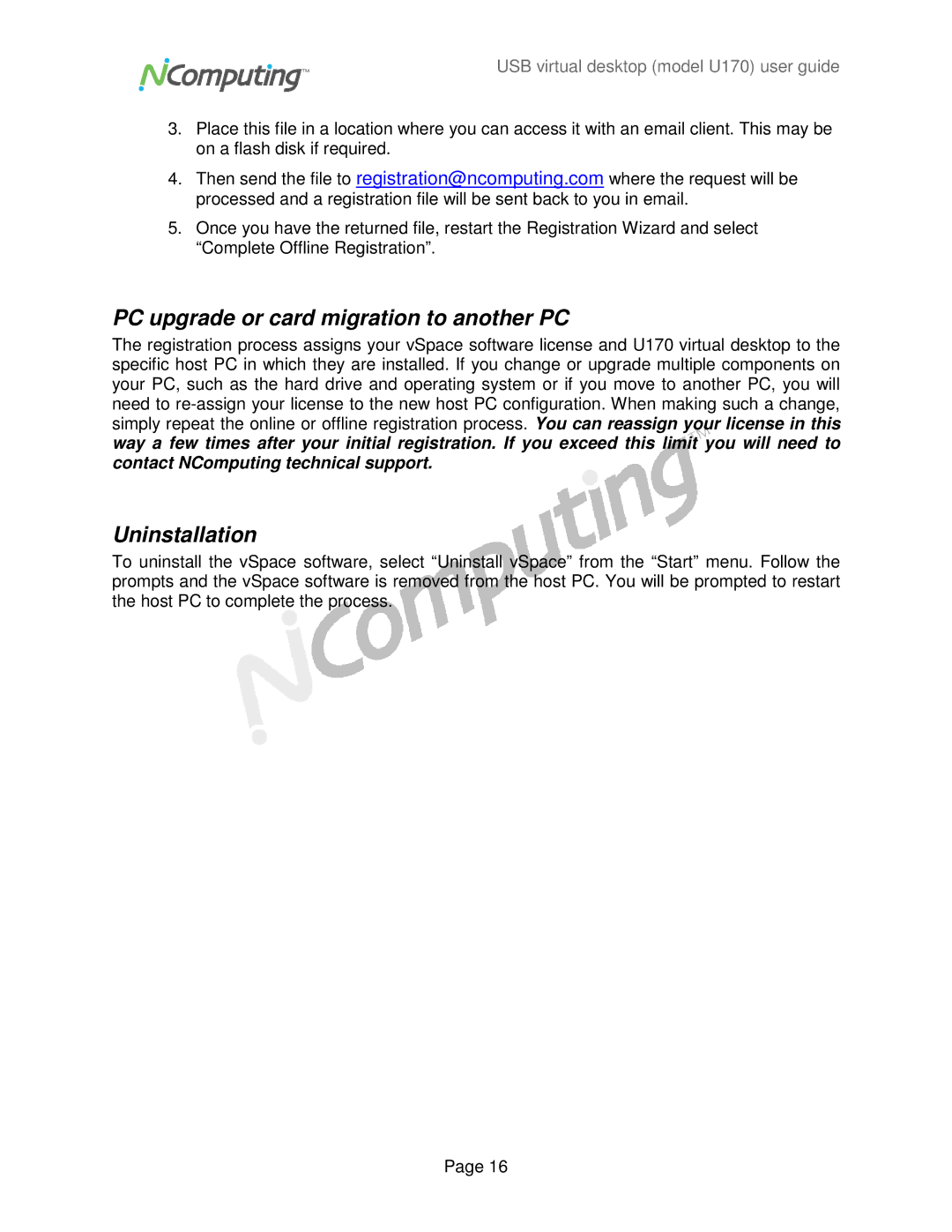 NComputing U170 manual PC upgrade or card migration to another PC, Uninstallation 