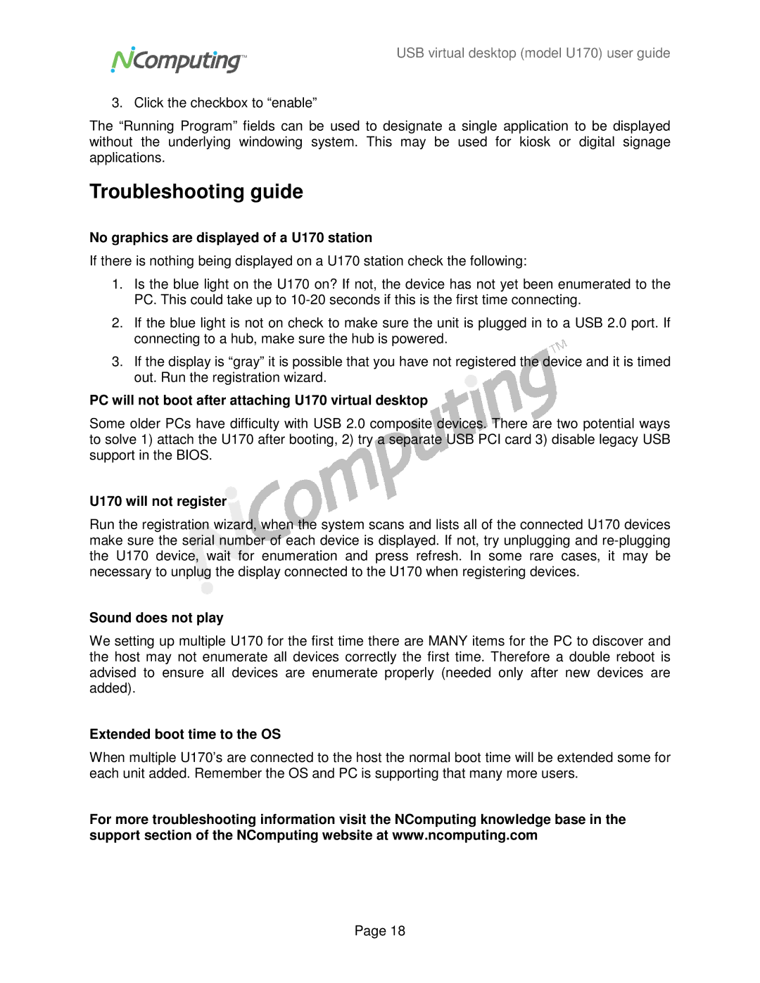 NComputing manual Troubleshooting guide, No graphics are displayed of a U170 station 