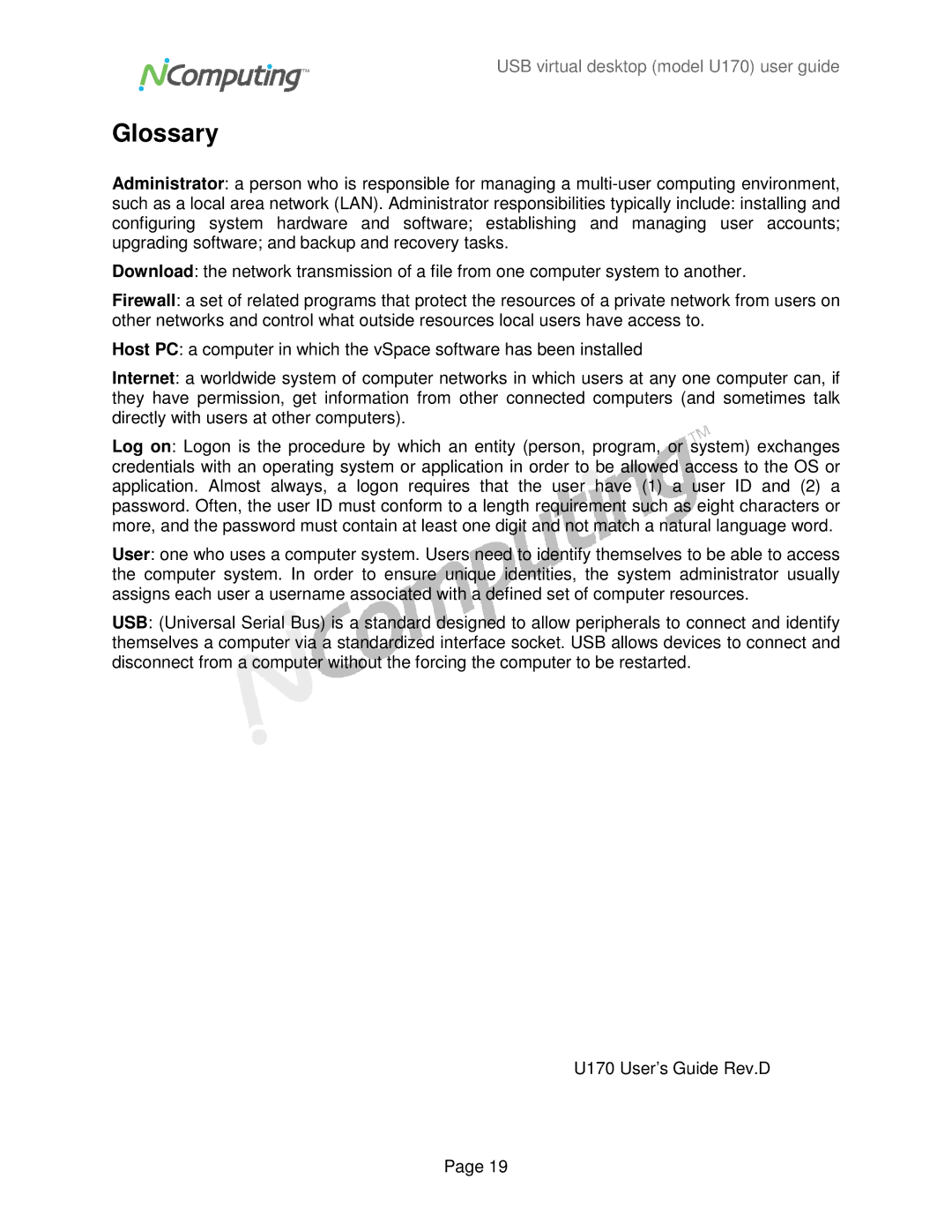 NComputing U170 manual Glossary 