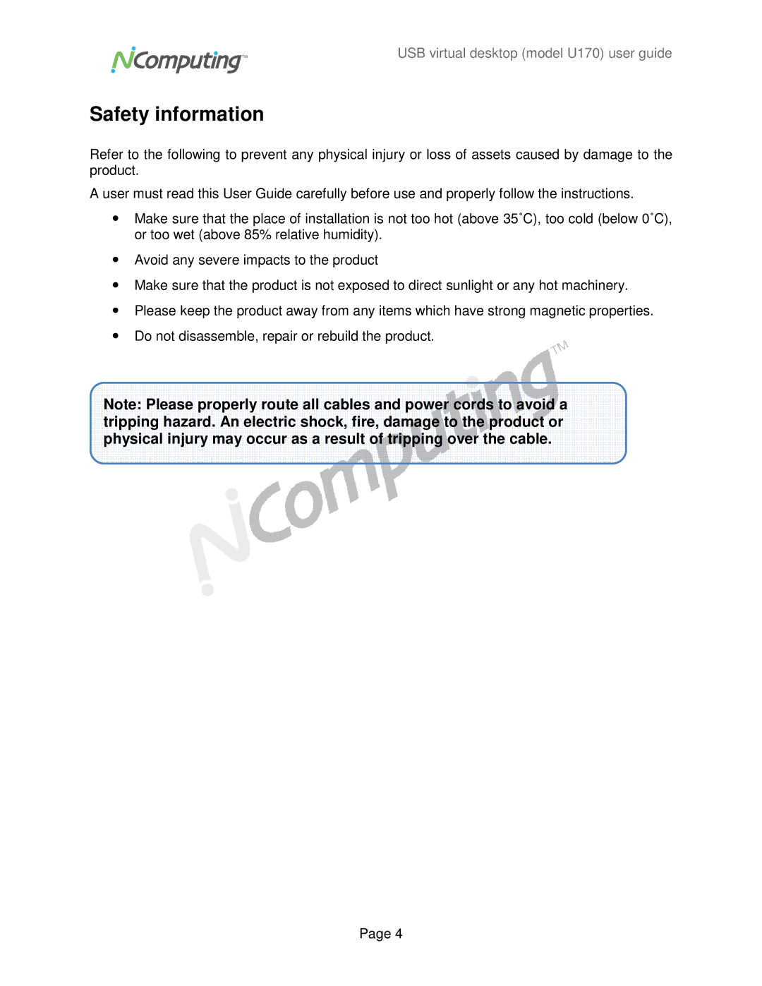 NComputing U170 manual Safety information 