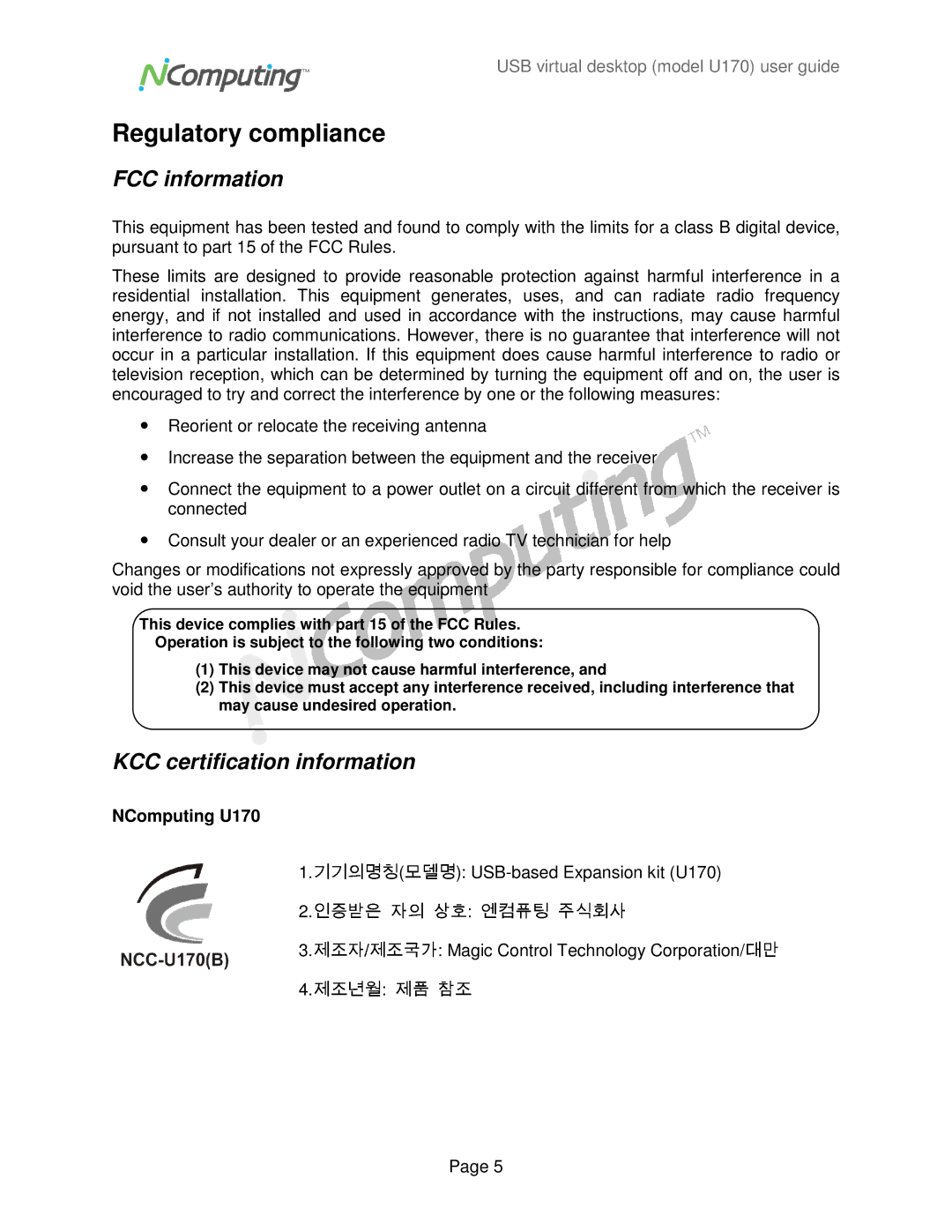 NComputing U170 manual Regulatory compliance, FCC information, KCC certification information 