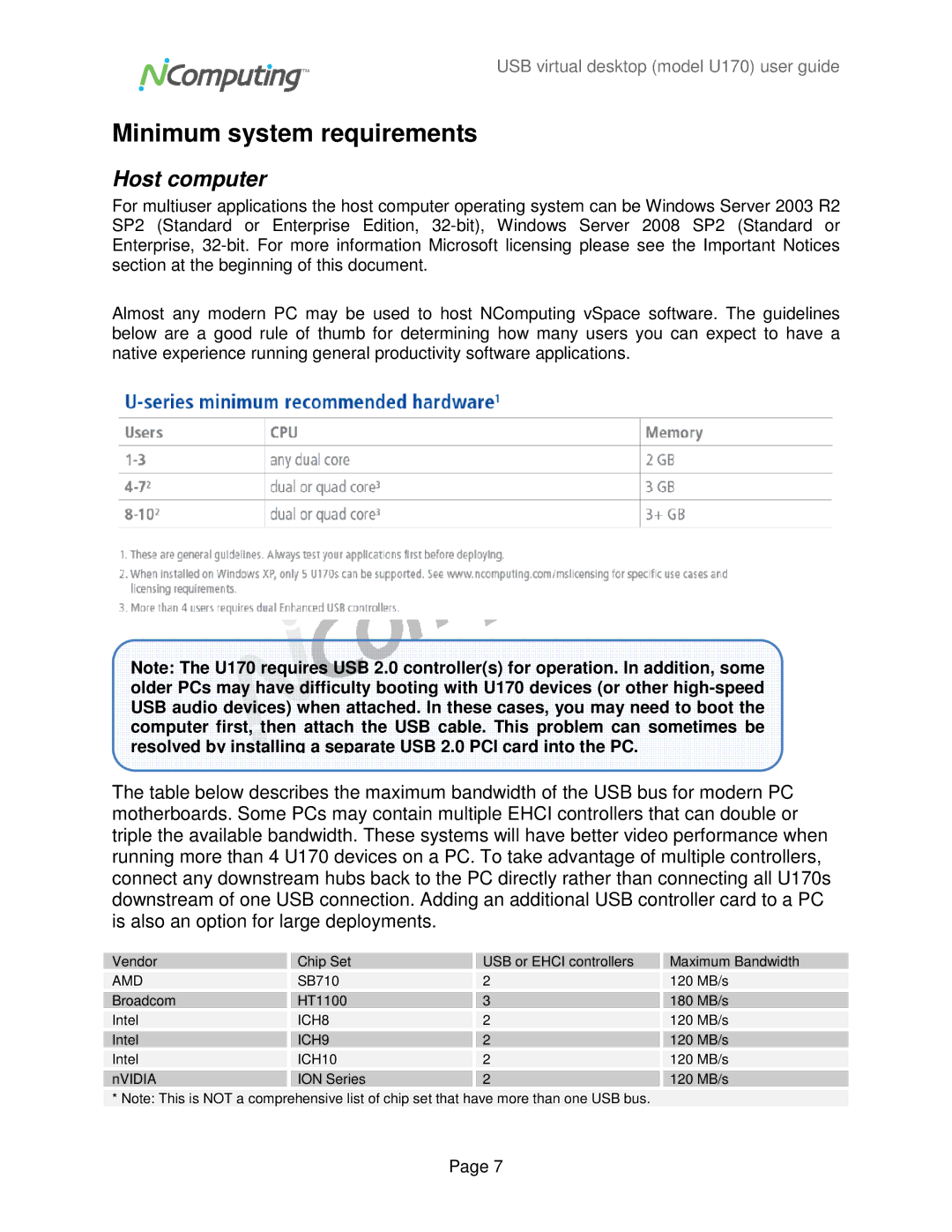 NComputing U170 manual Minimum system requirements, Host computer 