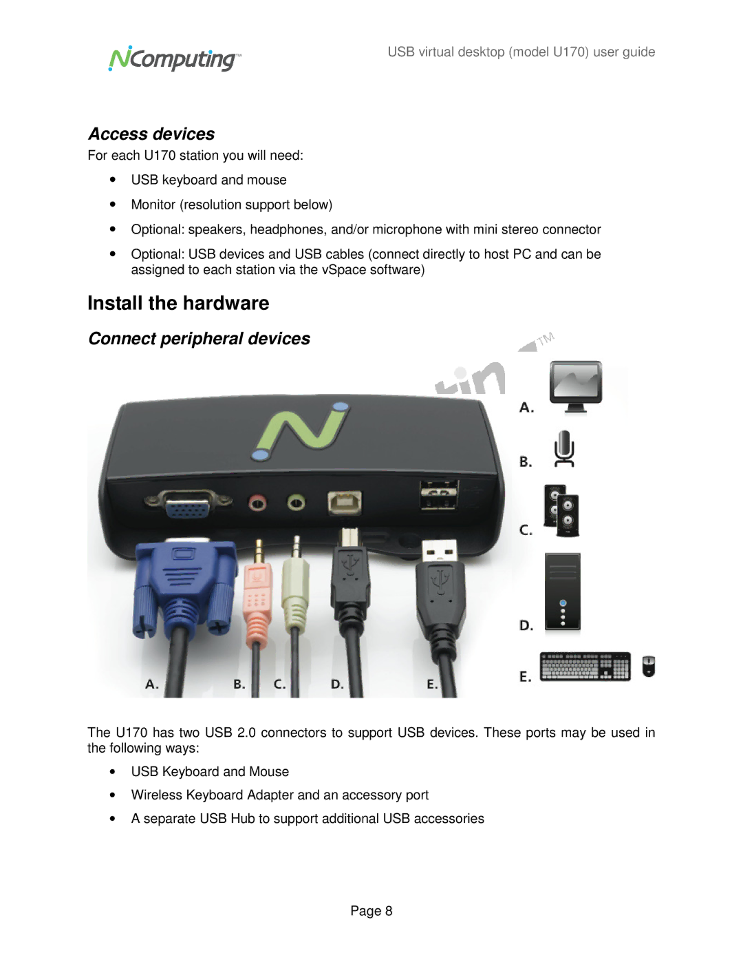 NComputing U170 manual Install the hardware, Access devices, Connect peripheral devices 