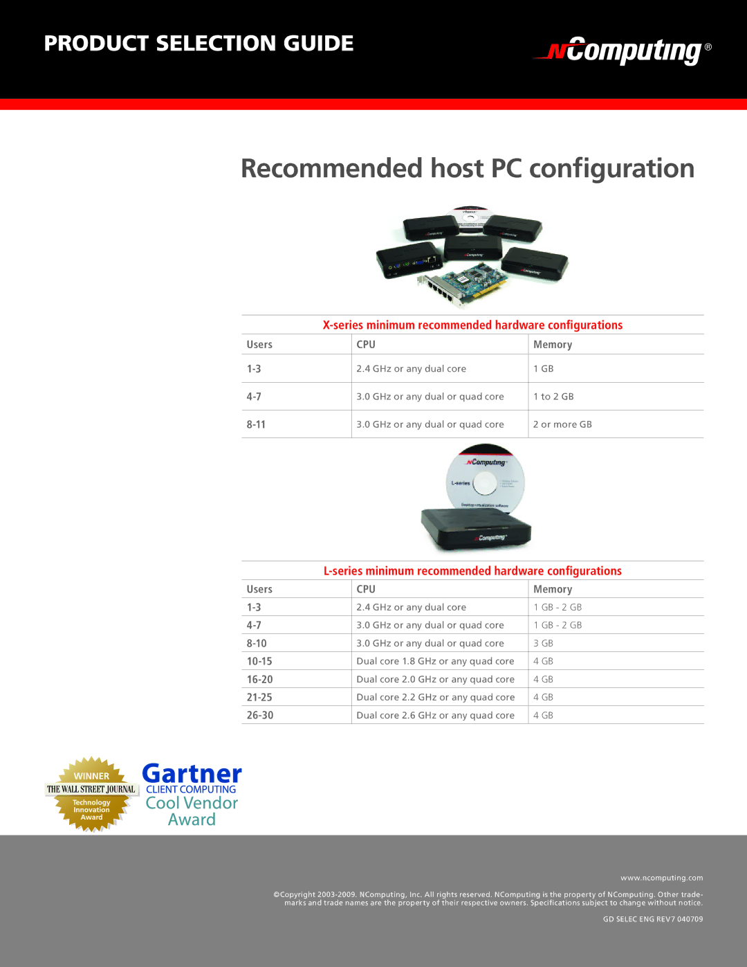 NComputing L230, X350, X550, L130 manual Recommended host PC configuration, Series minimum recommended hardware conﬁgurations 