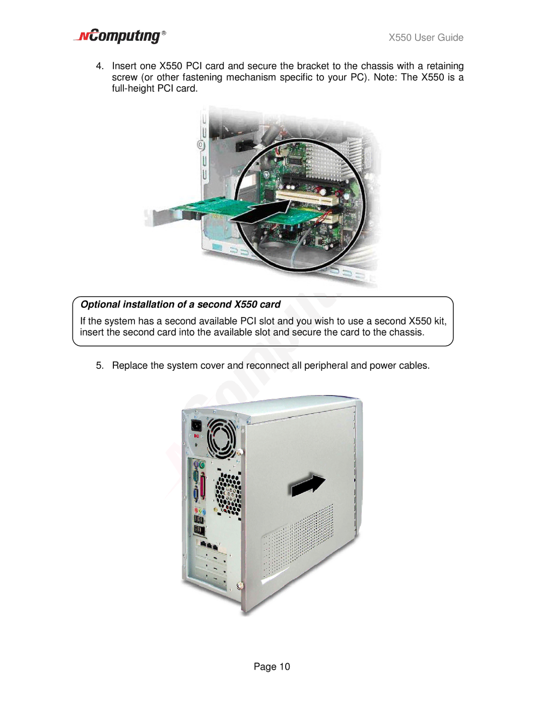 NComputing manual Optional installation of a second X550 card 