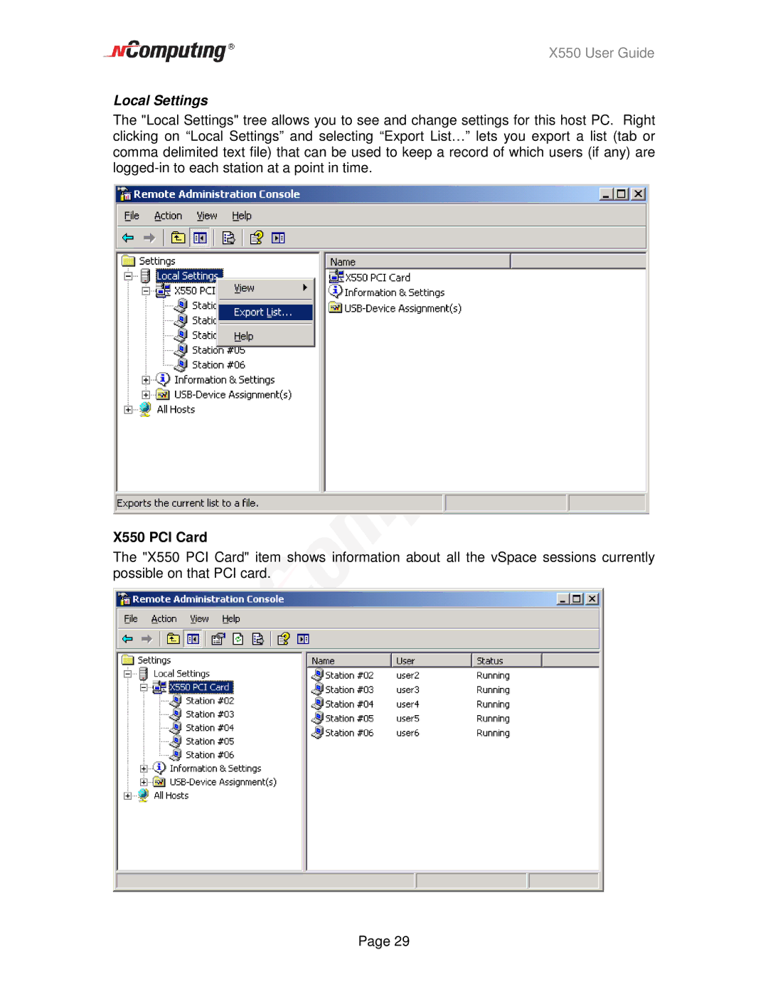 NComputing manual Local Settings, X550 PCI Card 