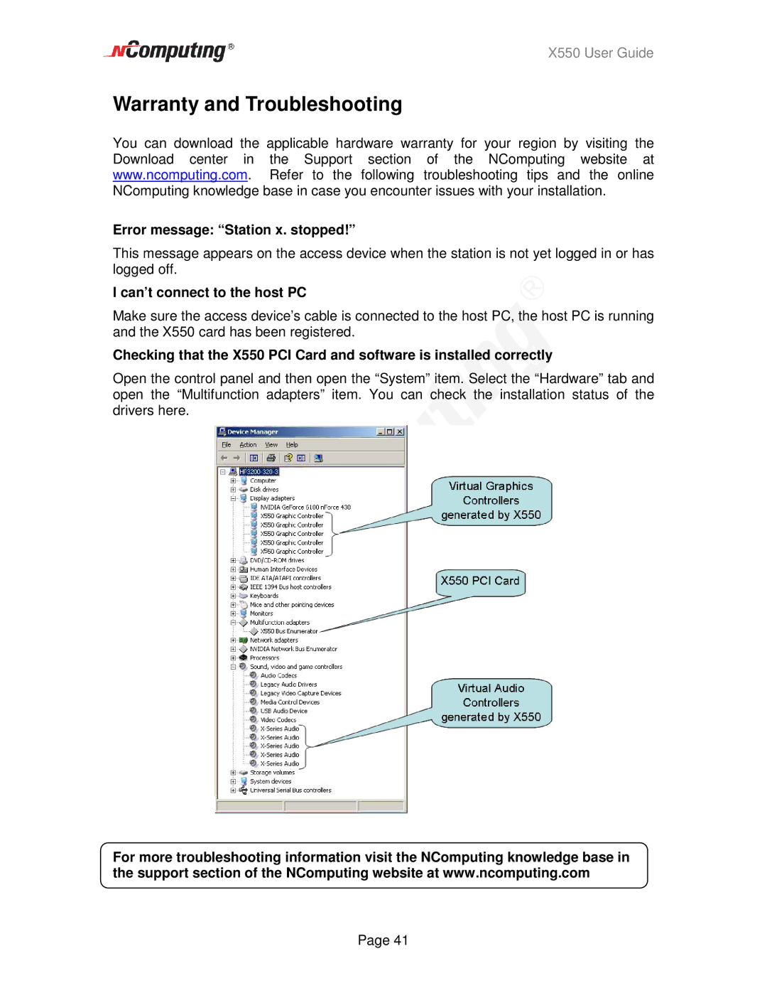 NComputing X550 manual Warranty and Troubleshooting, Error message Station x. stopped, Can’t connect to the host PC 