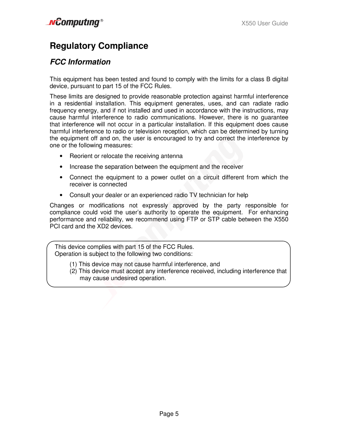 NComputing X550 manual Regulatory Compliance, FCC Information 