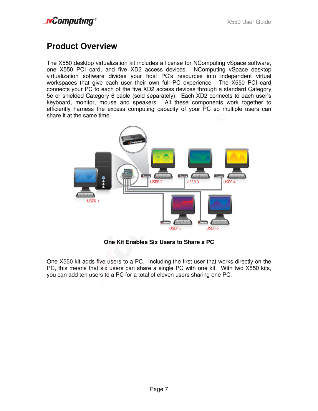 NComputing X550 manual Product Overview, One Kit Enables Six Users to Share a PC 